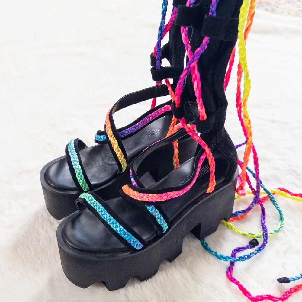Dolls Kill Current Mood Colorful Strappy Platform Sandals
